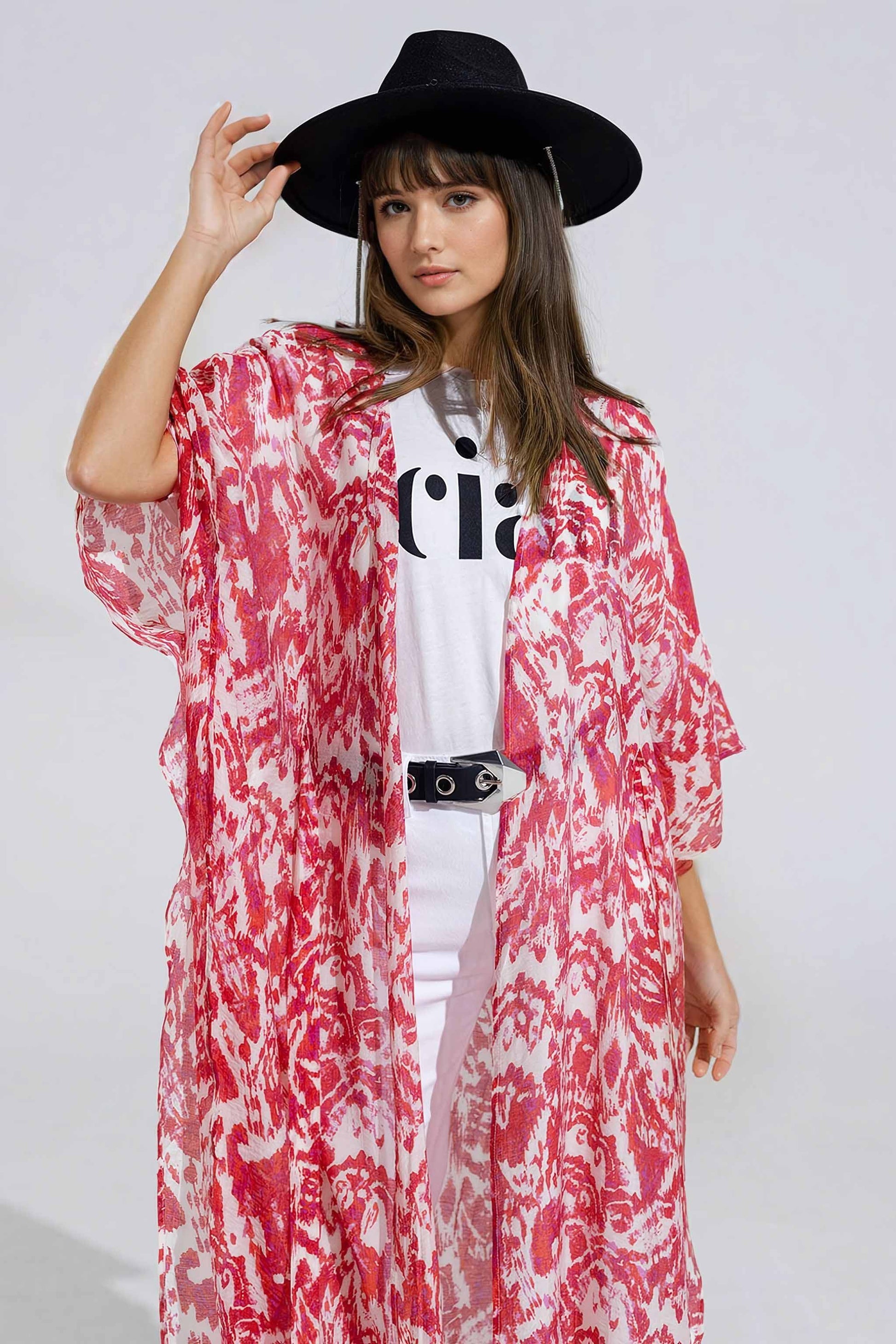 Red Long Kimono With Drawstring Closing in Tribal Print Q2 Dresses BoutiqueLua