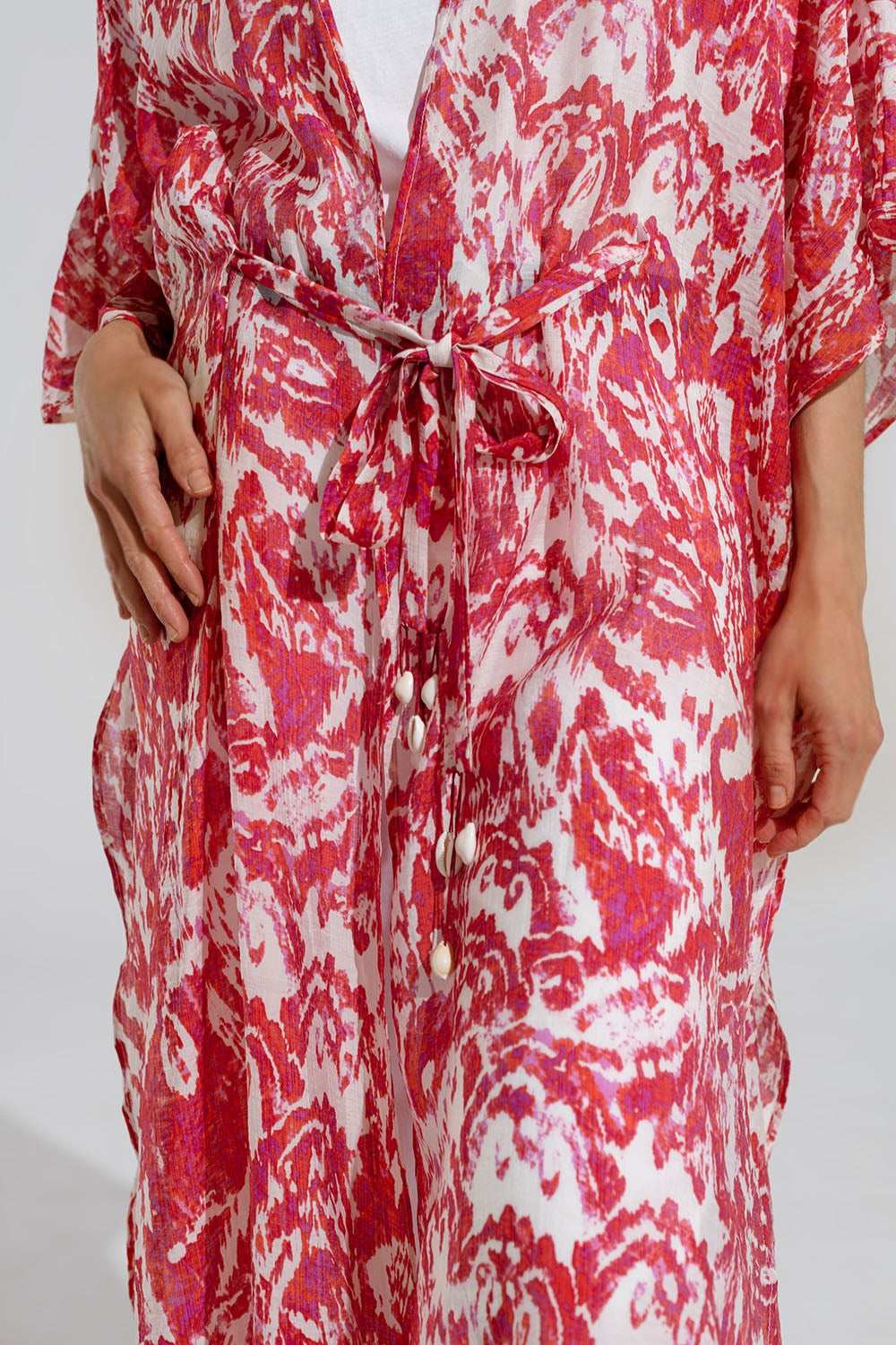 Red Long Kimono With Drawstring Closing in Tribal Print Q2 Dresses BoutiqueLua