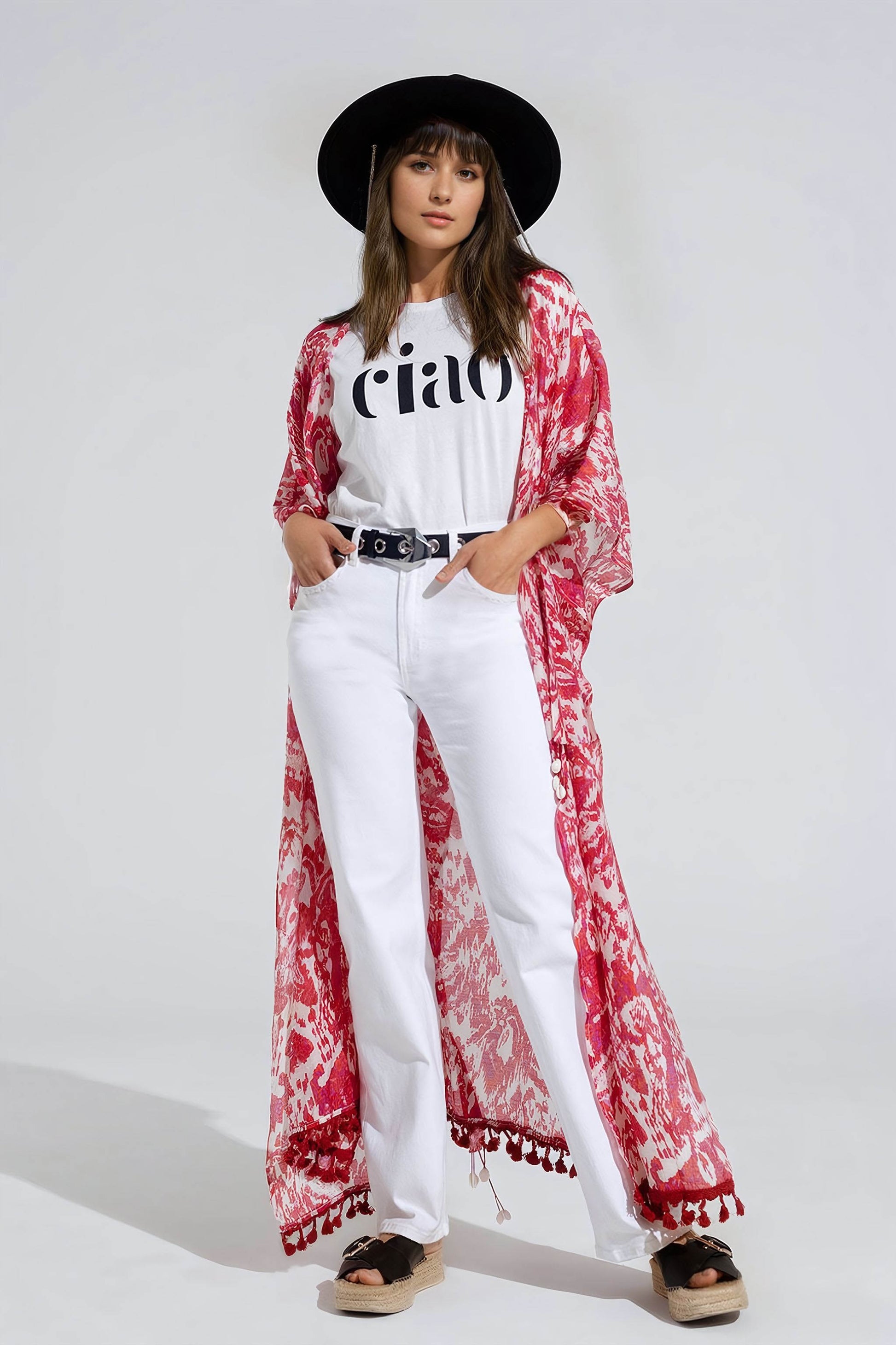 Red Long Kimono With Drawstring Closing in Tribal Print Q2 Dresses BoutiqueLua