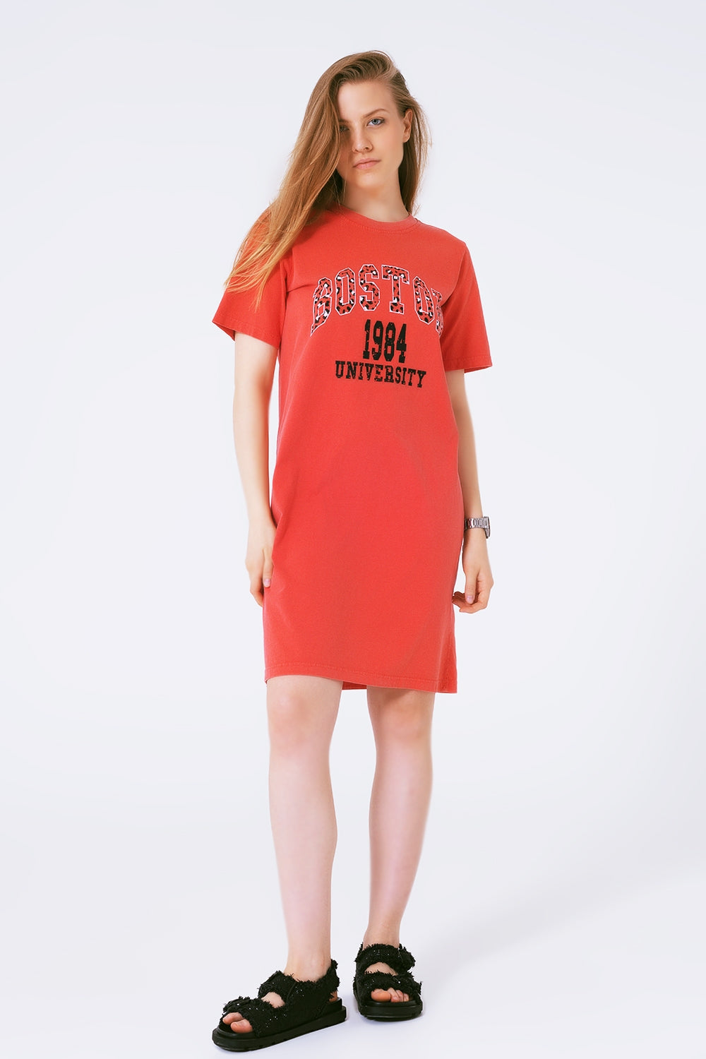 Red Midi T-Shirt Dress Boston 1984 University Q2 Dresses BoutiqueLua