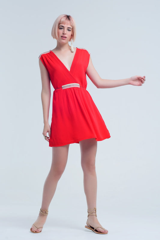 Red mini dress with embroidery - Dresses
