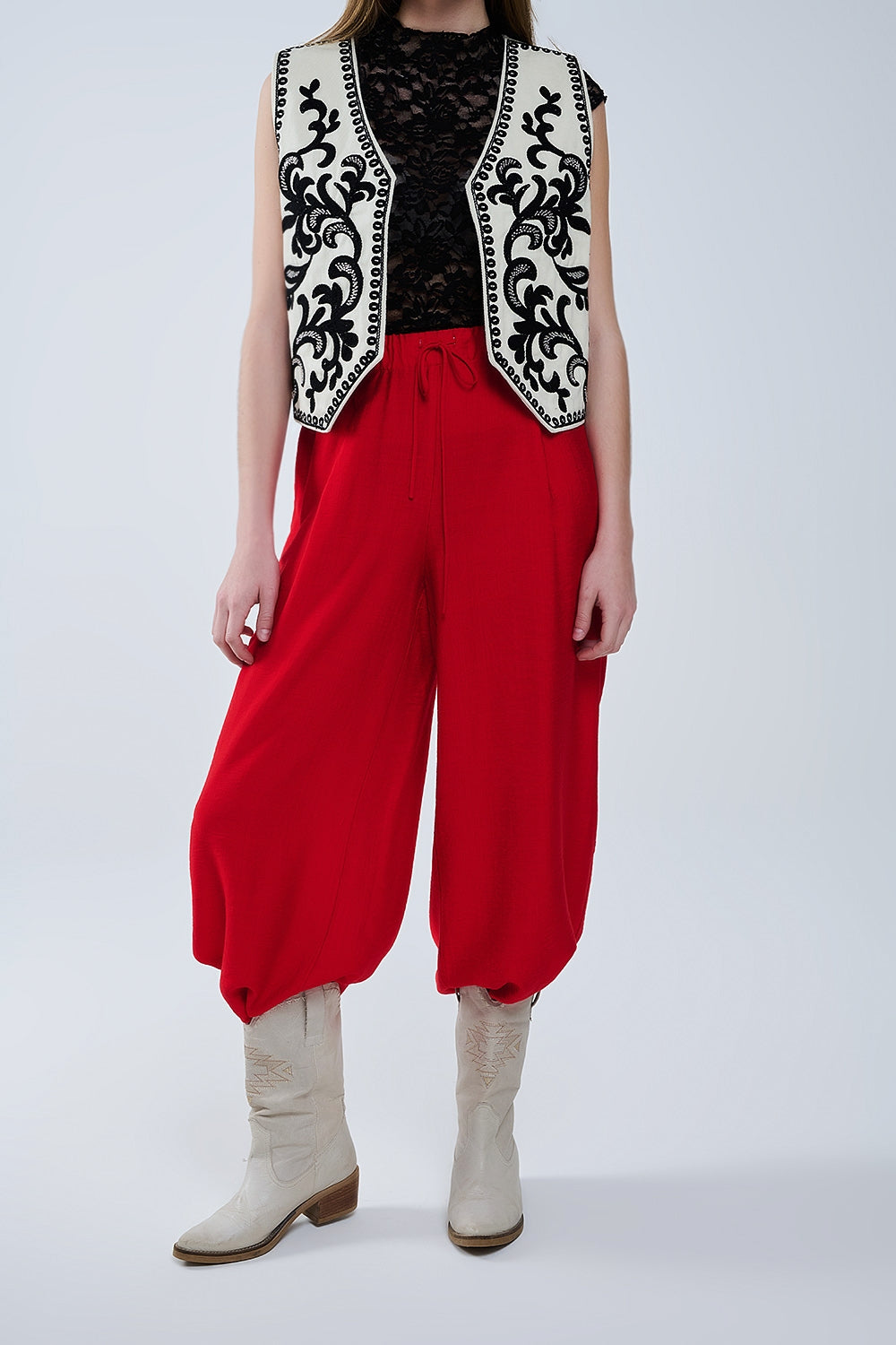 Red pants with wide leg in light viscose fabric - Trousers