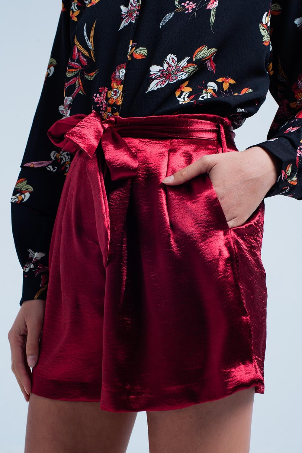 Red Satin Shorts with Waist Tie - Trousers