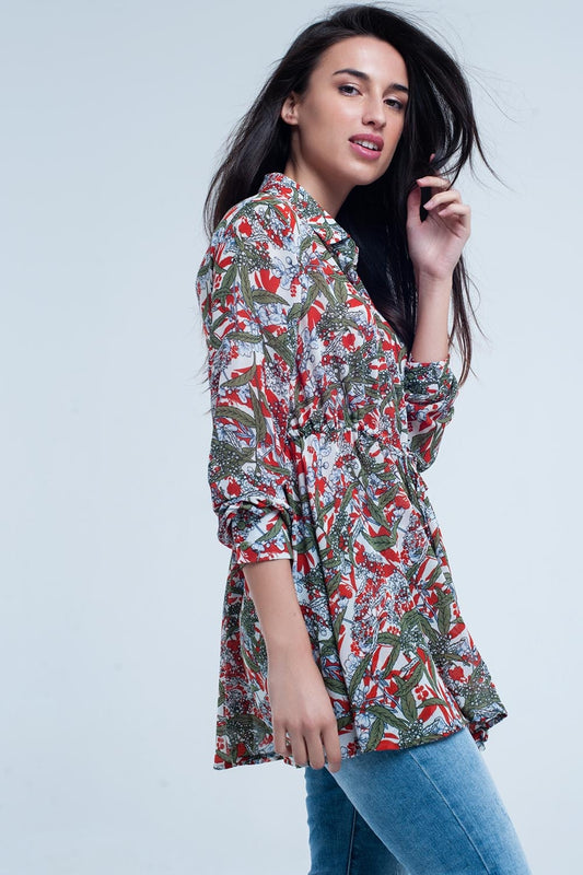 Red shirt with leaf and flower print - Shirts