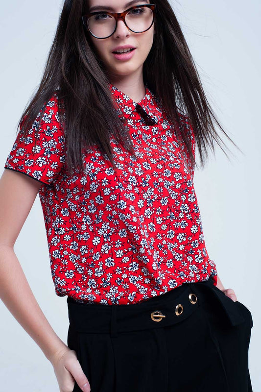 Red Shirt with white flowers print - Shirts