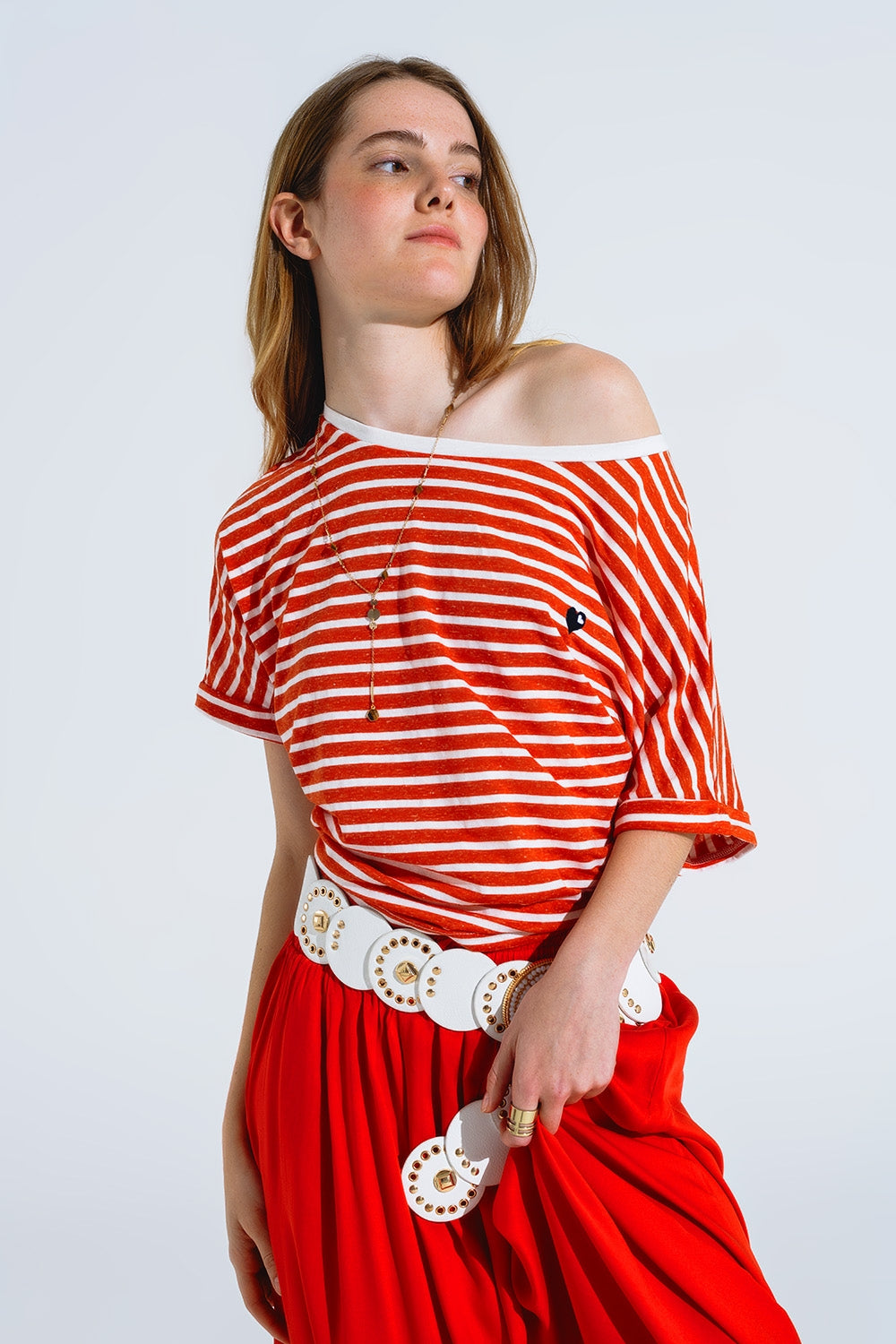 red striped boat neck t-shirt with embroidered heart - T-Shirts