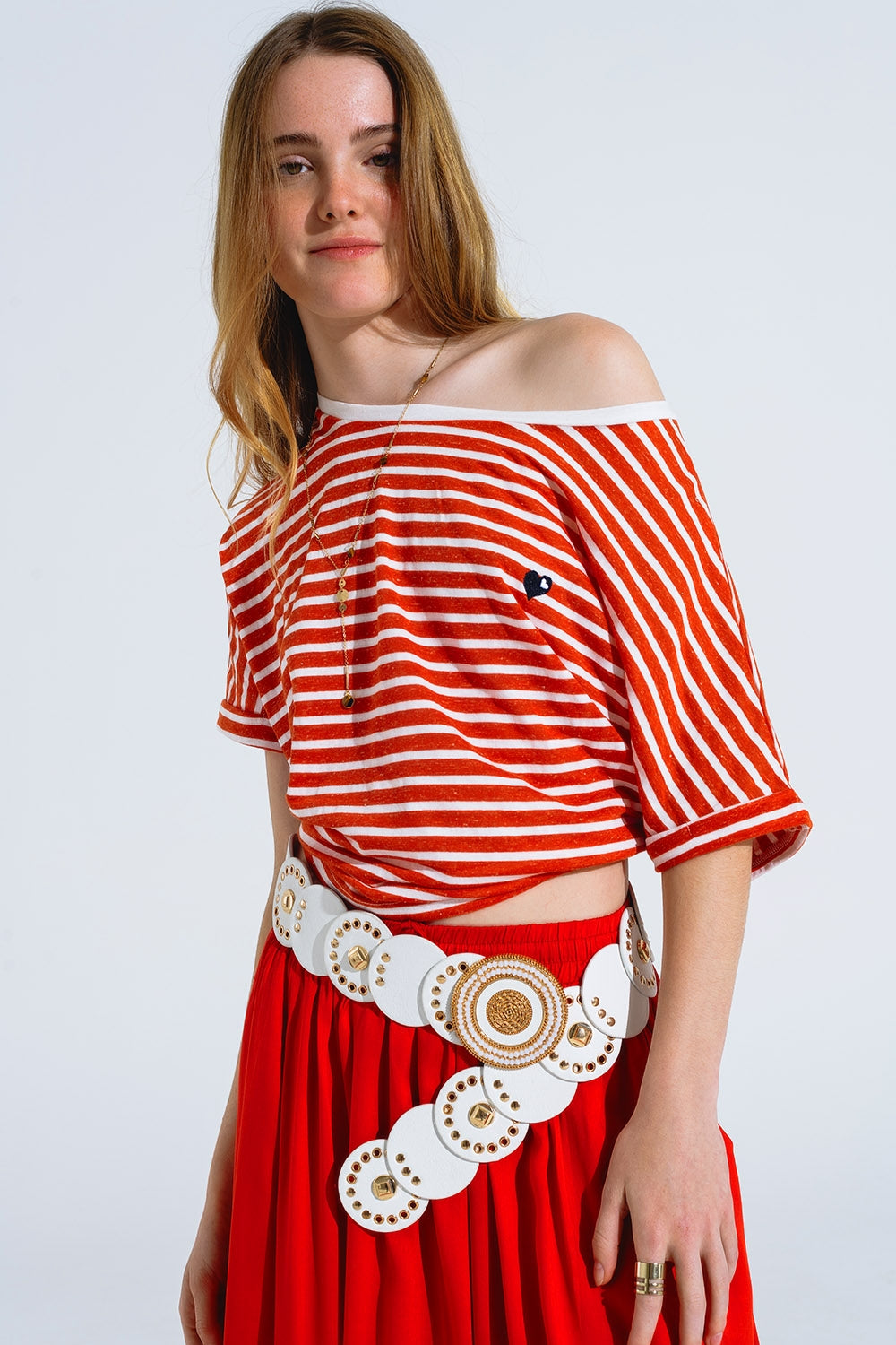 red striped boat neck t-shirt with embroidered heart - T-Shirts