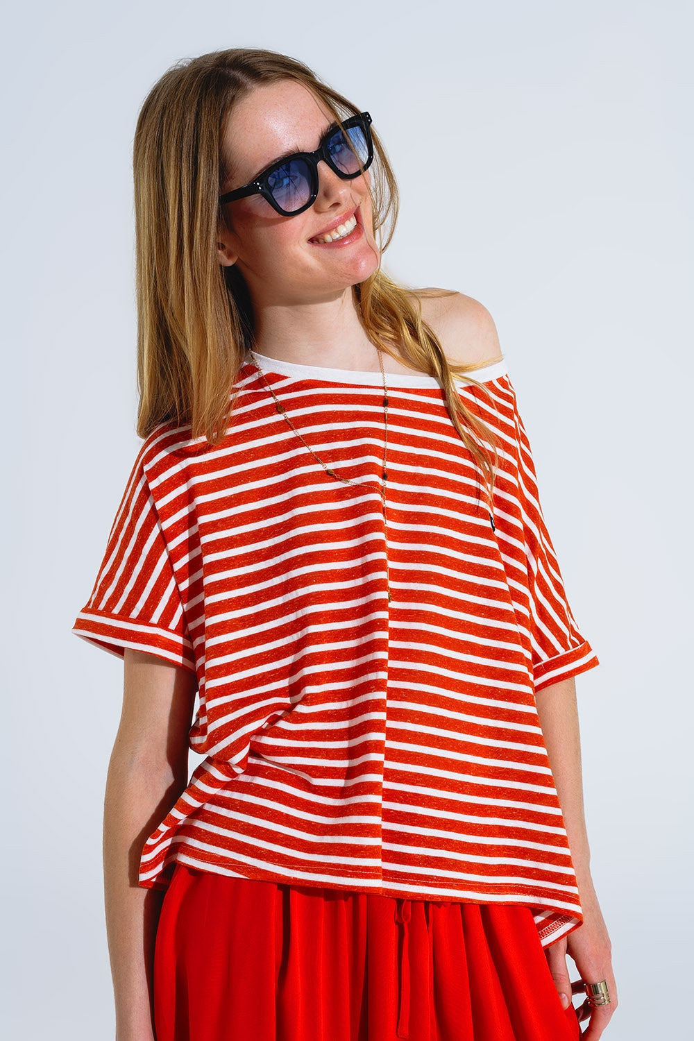 red striped boat neck t-shirt with embroidered heart - T-Shirts