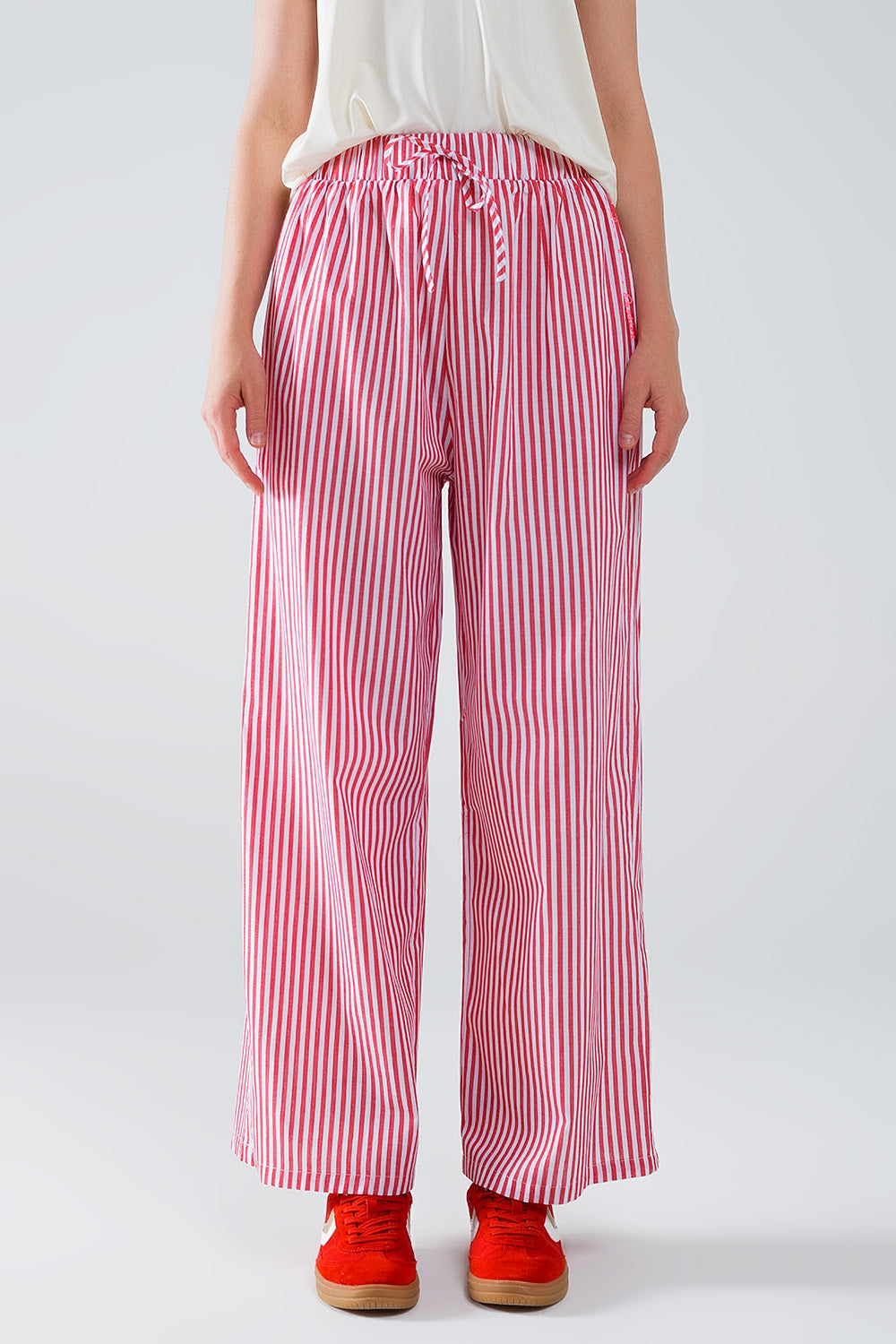 Red Striped Pants with Elastic Waist and Pockets - Trousers