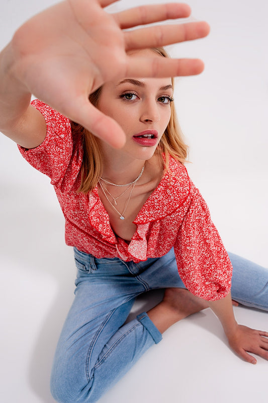 Red wrap top in clustered flower print - Tops