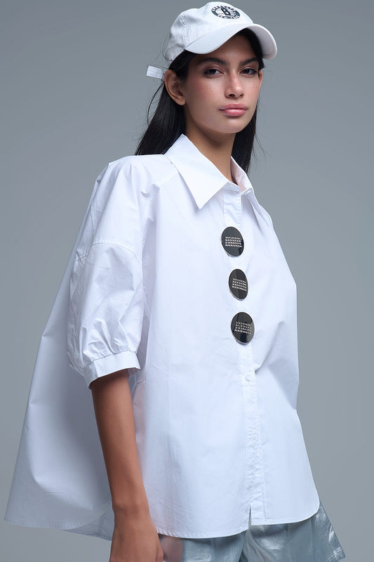 Relaxed 3/4 Sleeve Poplin Shirt With Button Detail in White - Shirts
