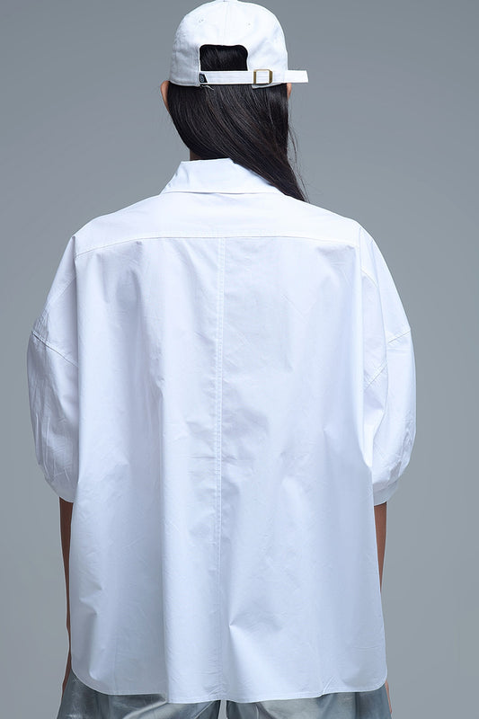 Relaxed 3/4 Sleeve Poplin Shirt With Button Detail in White - Shirts
