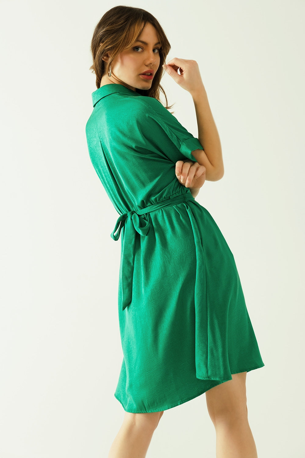Relaxed belted mini dress with button placked down the front in green Q2 Dresses BoutiqueLua