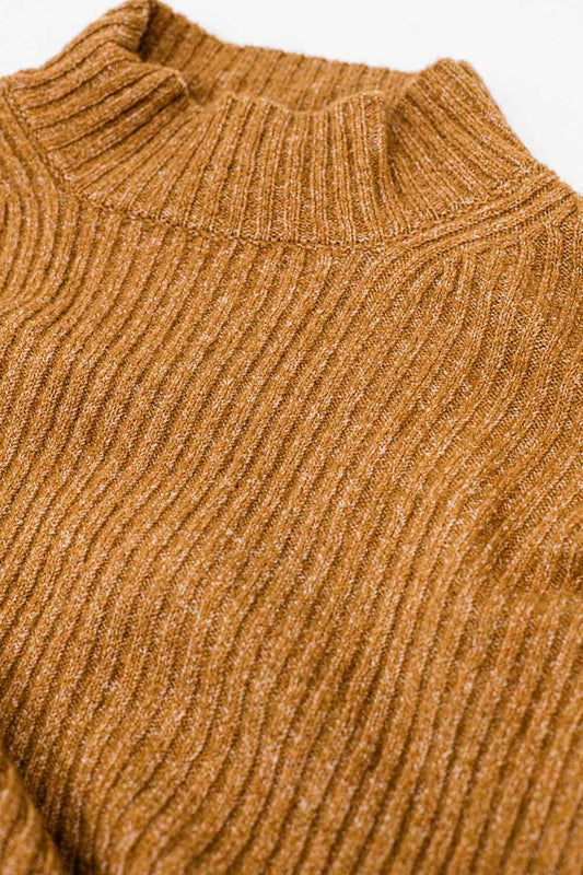 relaxed camel ribbed high neck sweater - Sweaters