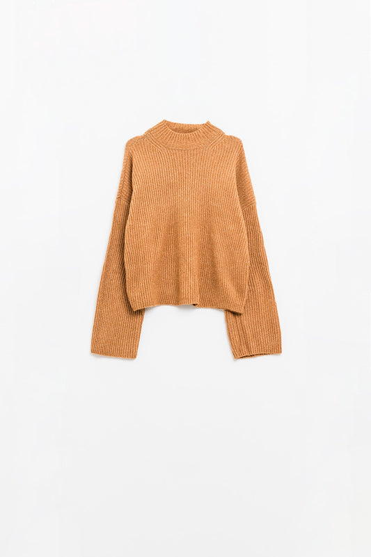 relaxed camel ribbed high neck sweater - Sweaters