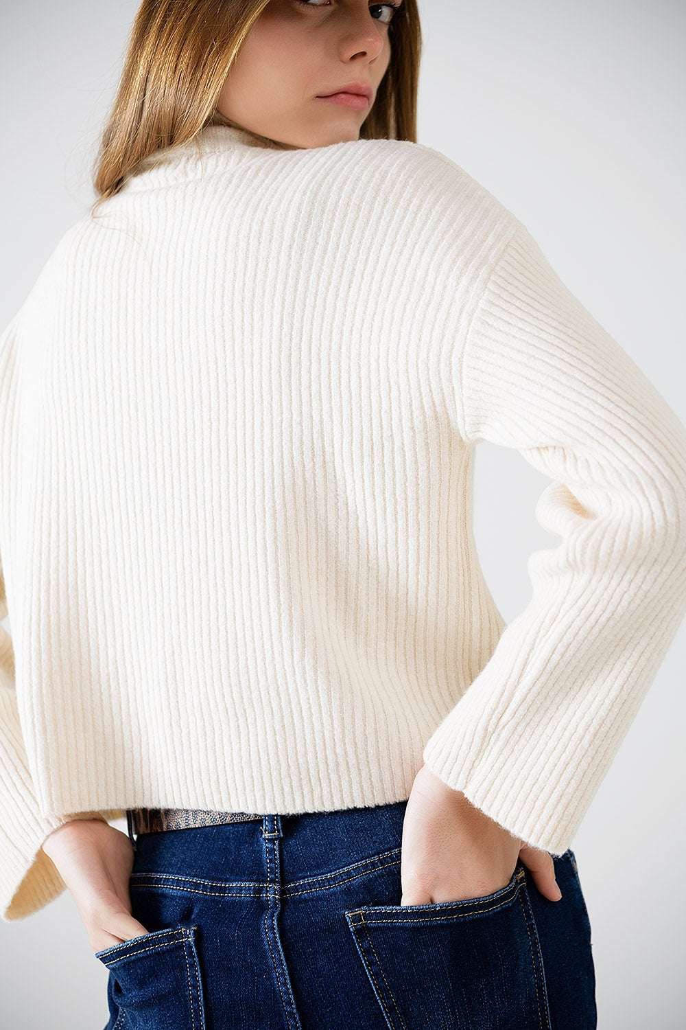 relaxed cream ribbed high neck sweater