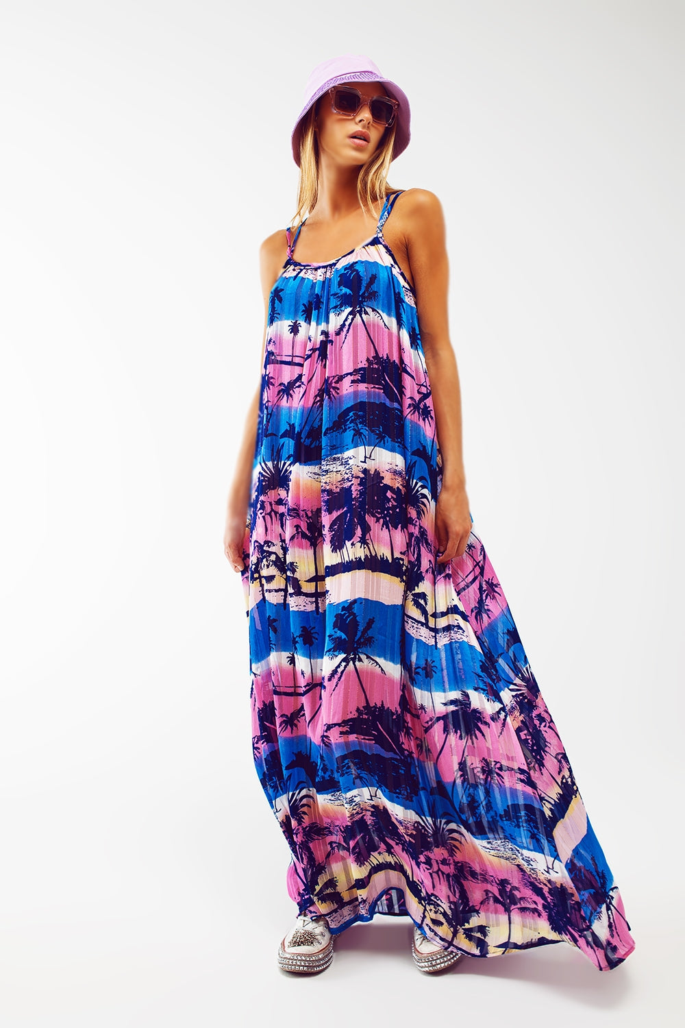 Relaxed Open Back Maxi Dress In Tropical Blue Print Q2 Dresses BoutiqueLua