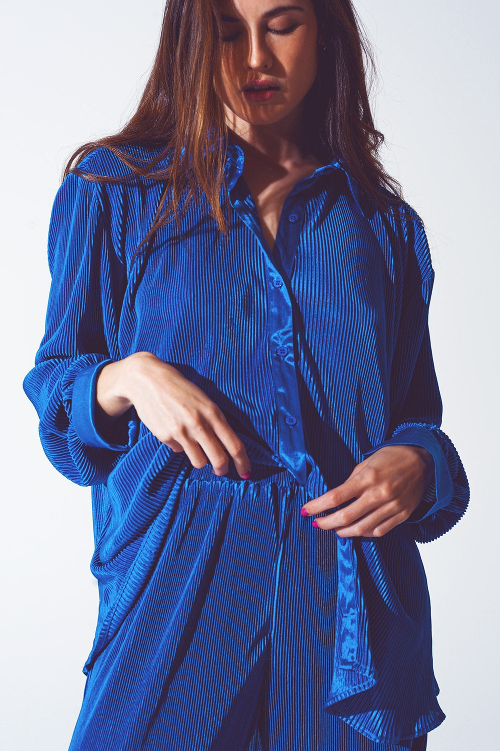 Relaxed Pleated Satin Shirt in Blue Q2 Shirts BoutiqueLua