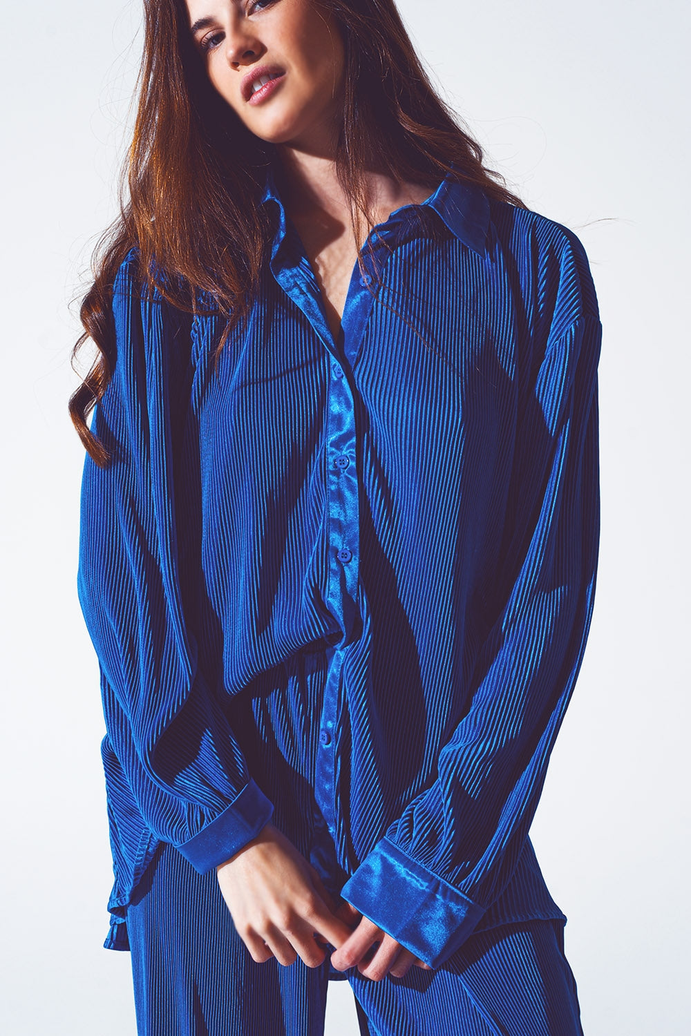 Relaxed Pleated Satin Shirt in Blue Q2 Shirts BoutiqueLua