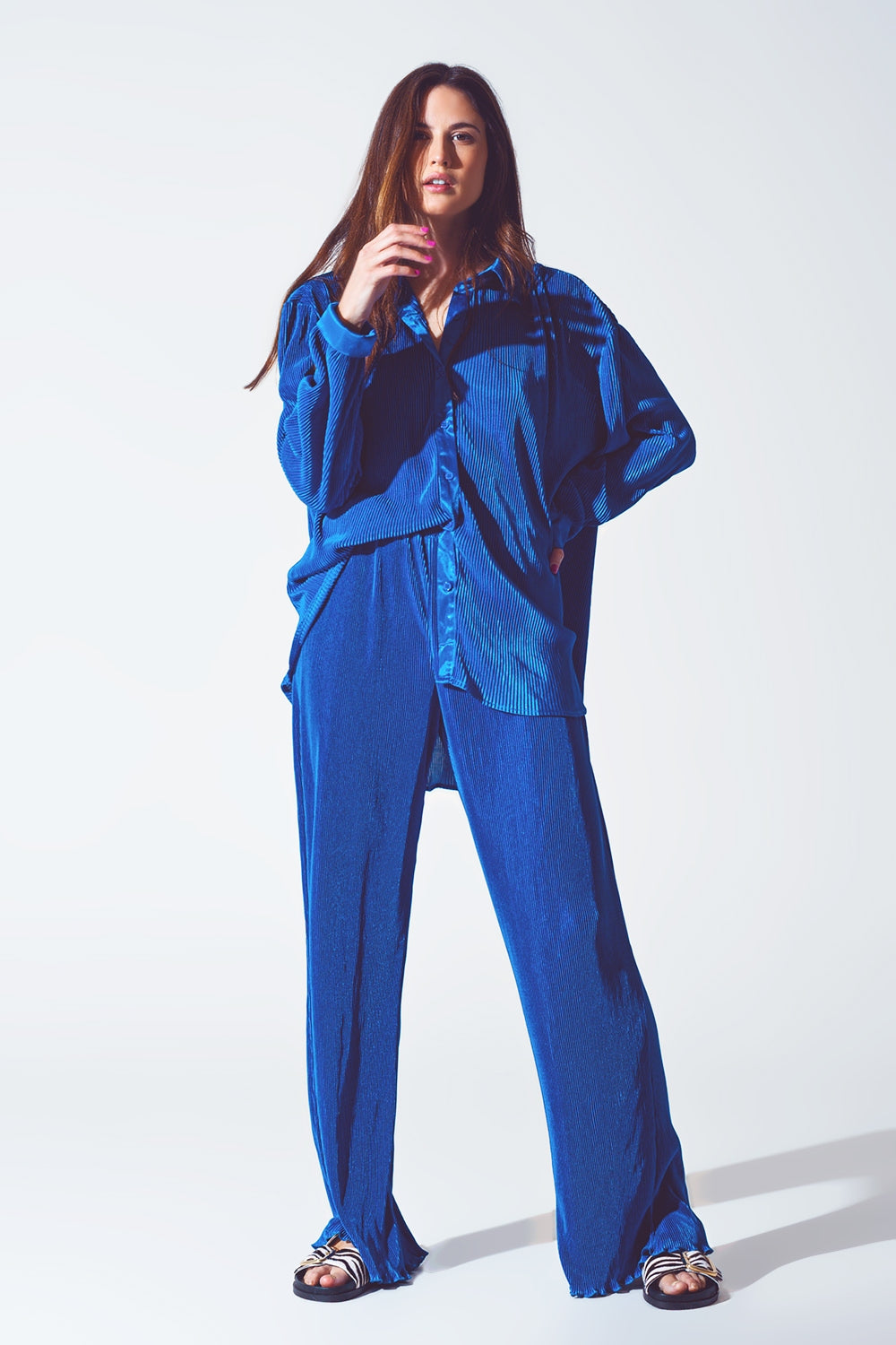 Relaxed Pleated Satin Shirt in Blue Q2 Shirts BoutiqueLua