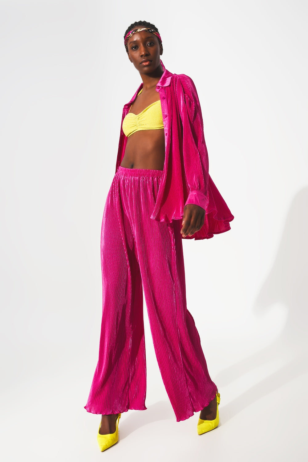 Relaxed pleated satin shirt in fuchsia - Shirts