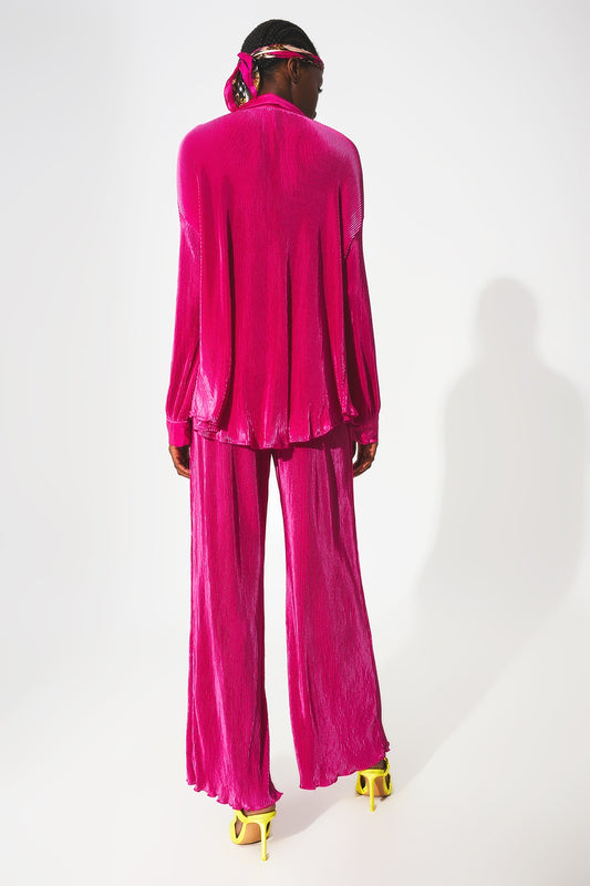 Relaxed pleated satin shirt in fuchsia - Shirts
