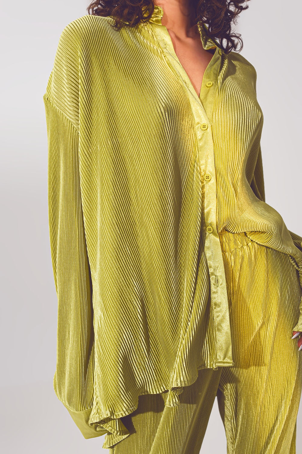 Relaxed Pleated Satin Shirt in Green Q2 Shirts BoutiqueLua