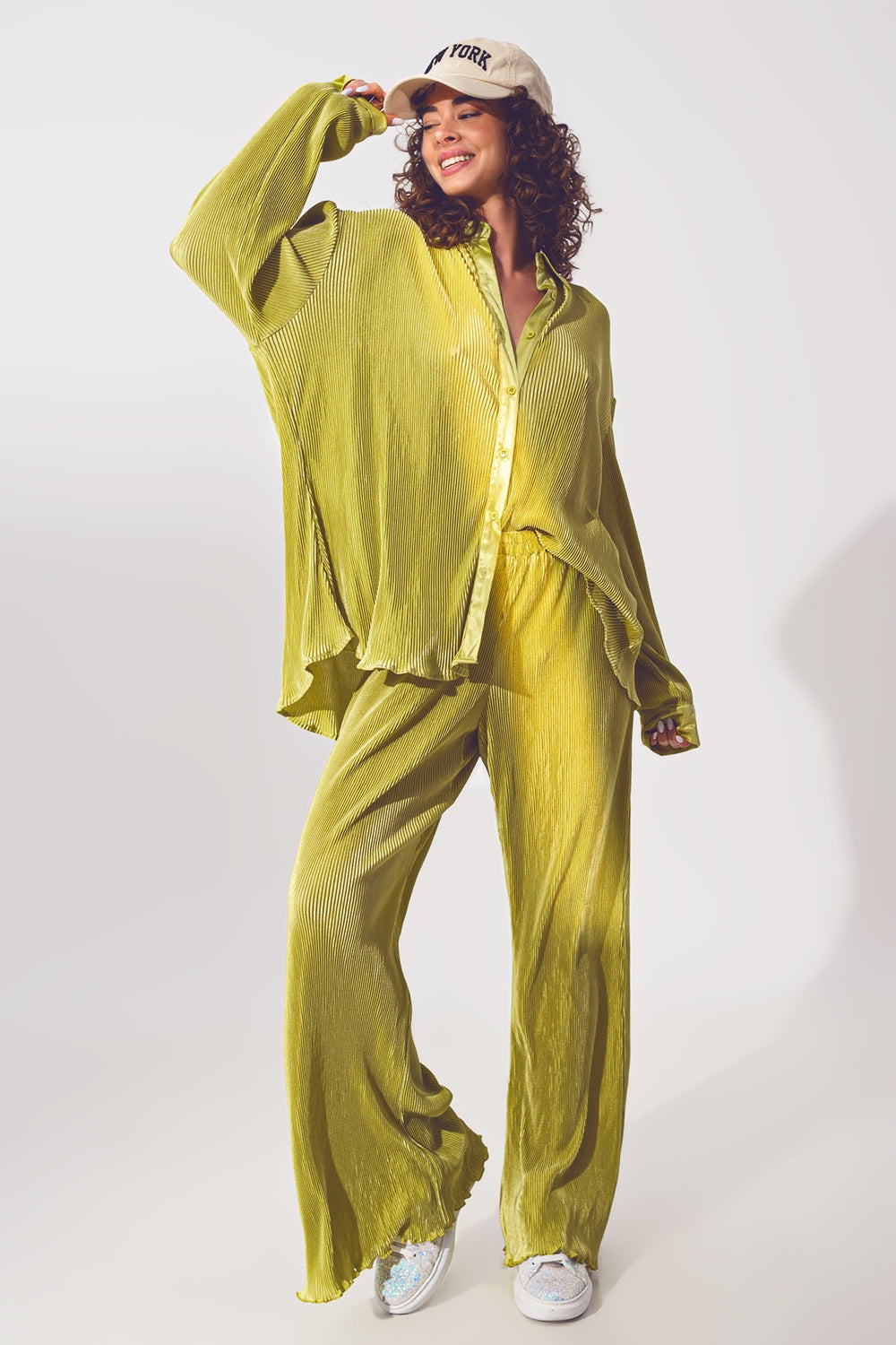 Relaxed Pleated Satin Shirt in Green Q2 Shirts BoutiqueLua