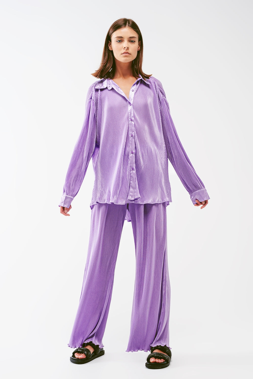 Relaxed Pleated Satin Shirt in lilac Q2 Shirts BoutiqueLua