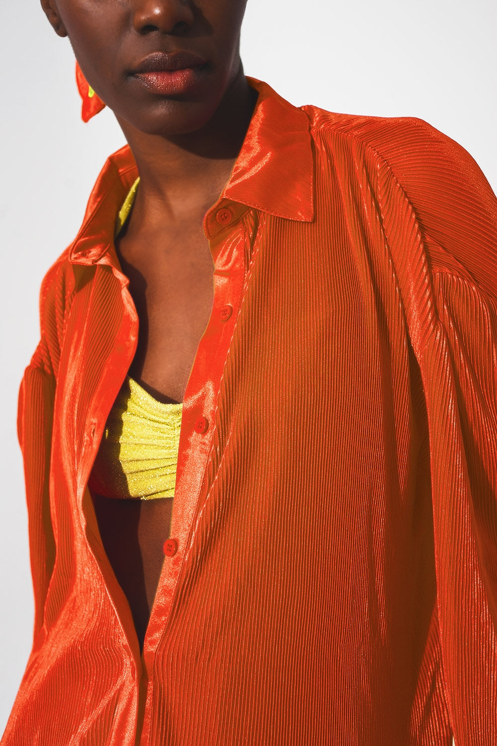 Relaxed pleated satin shirt in orange Q2 Shirts BoutiqueLua