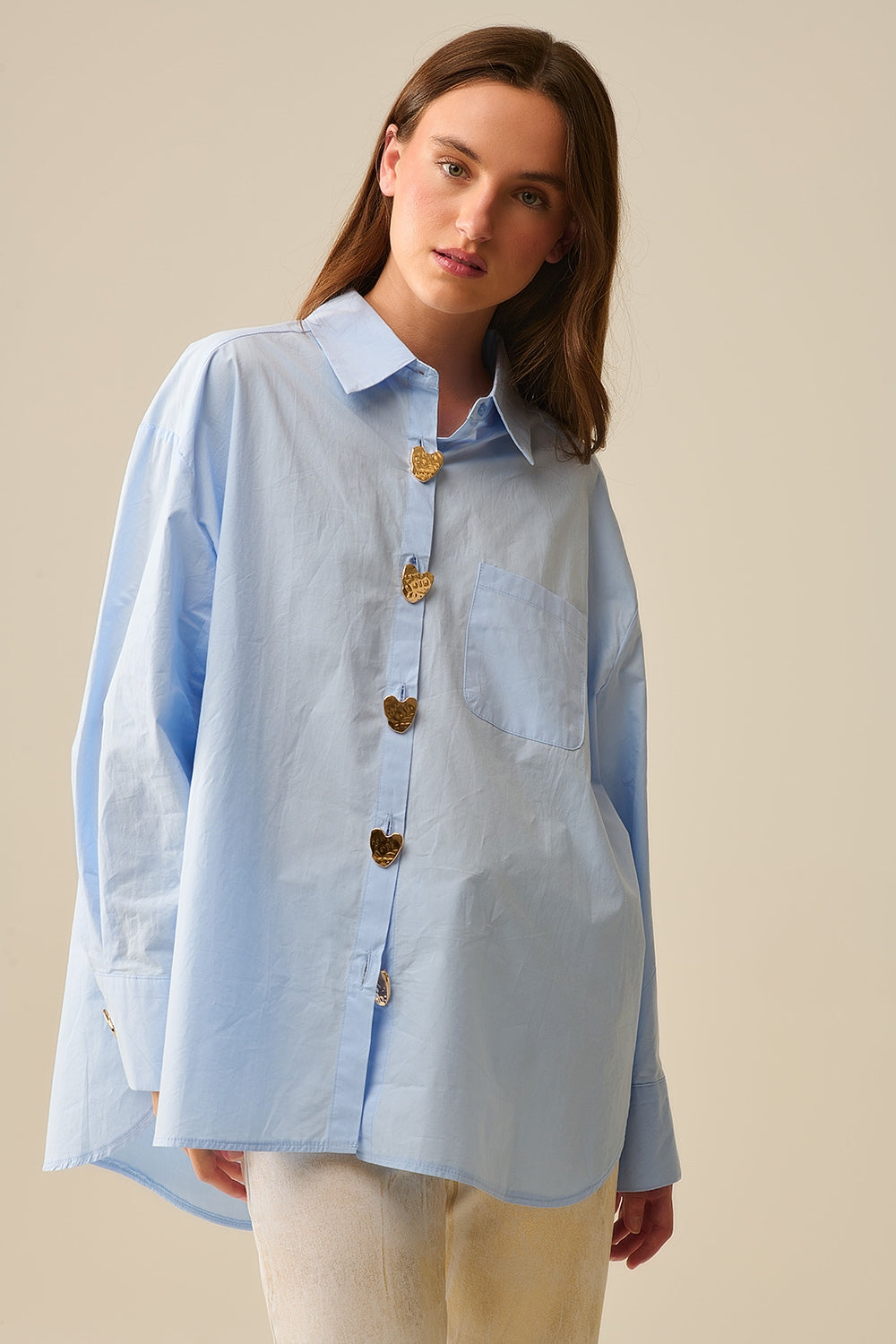 Relaxed Poplin Shirt With Gold Heart Buttons in Baby Blue - Shirts