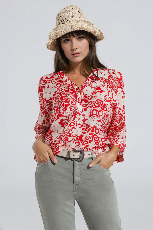 Relaxed red Floral Print Blouse With Bell Sleeves - Blouses
