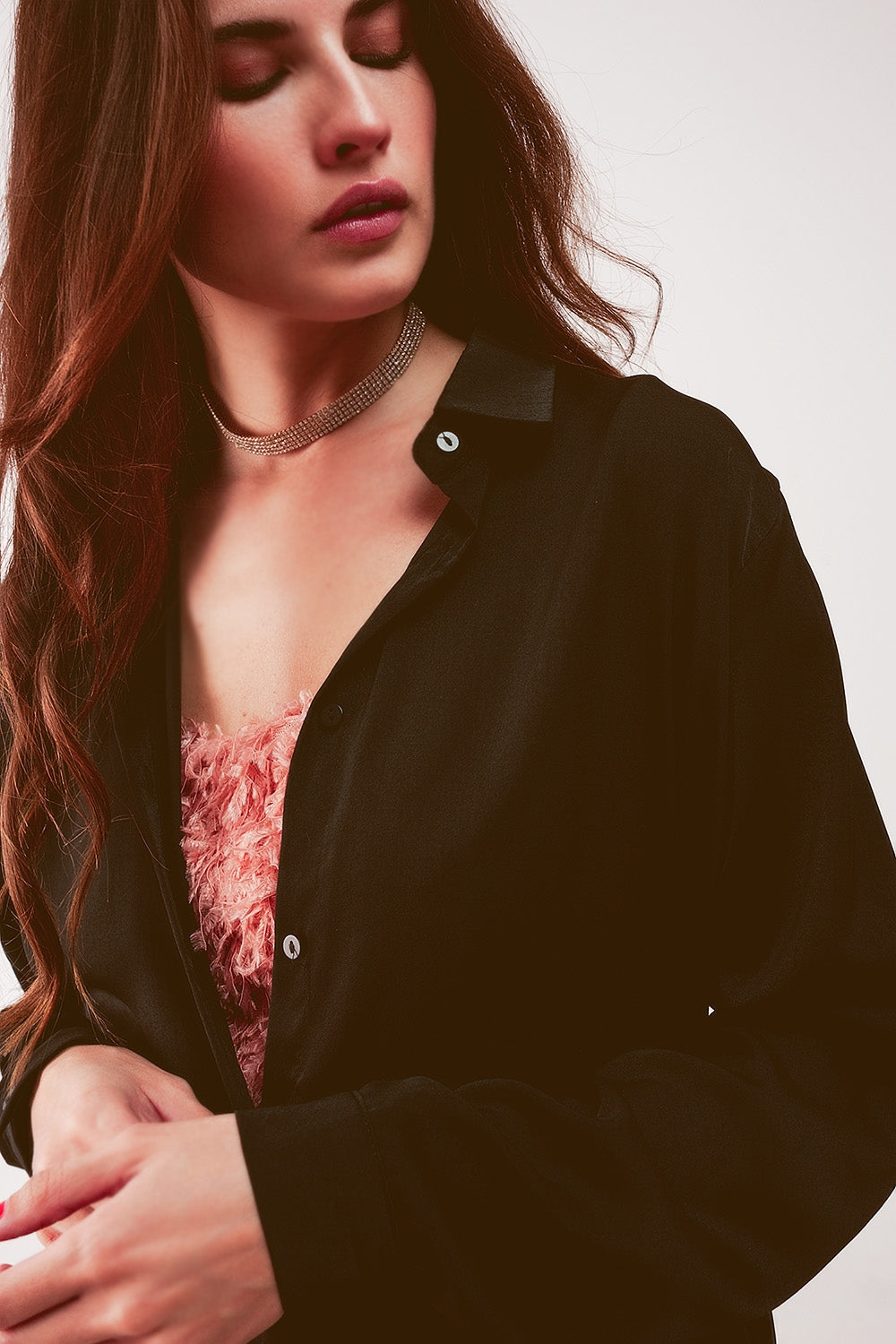 Relaxed satin long sleeve shirt in black Q2 Shirts BoutiqueLua