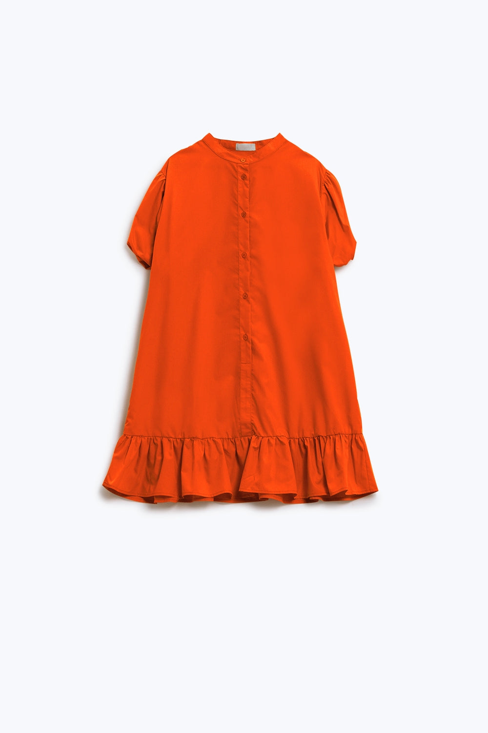 Relaxed Shirt Dress With Balloon Short Sleeves and Ruffle In Orange