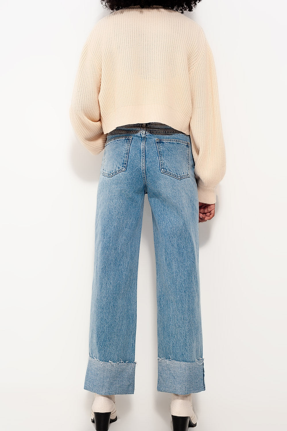 Relaxed straight leg jeans with turn up in bleach wash - Jeans