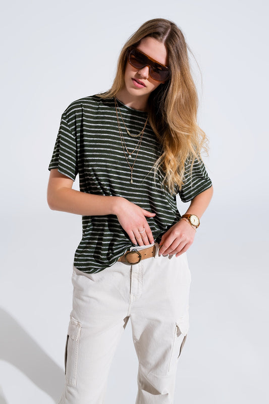 Relaxed Striped T-shirt With Crew Neckline In Khaki - T-Shirts