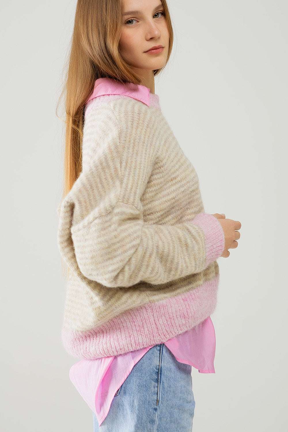 Relaxed Stripey Sweater in Beige With Pink Details