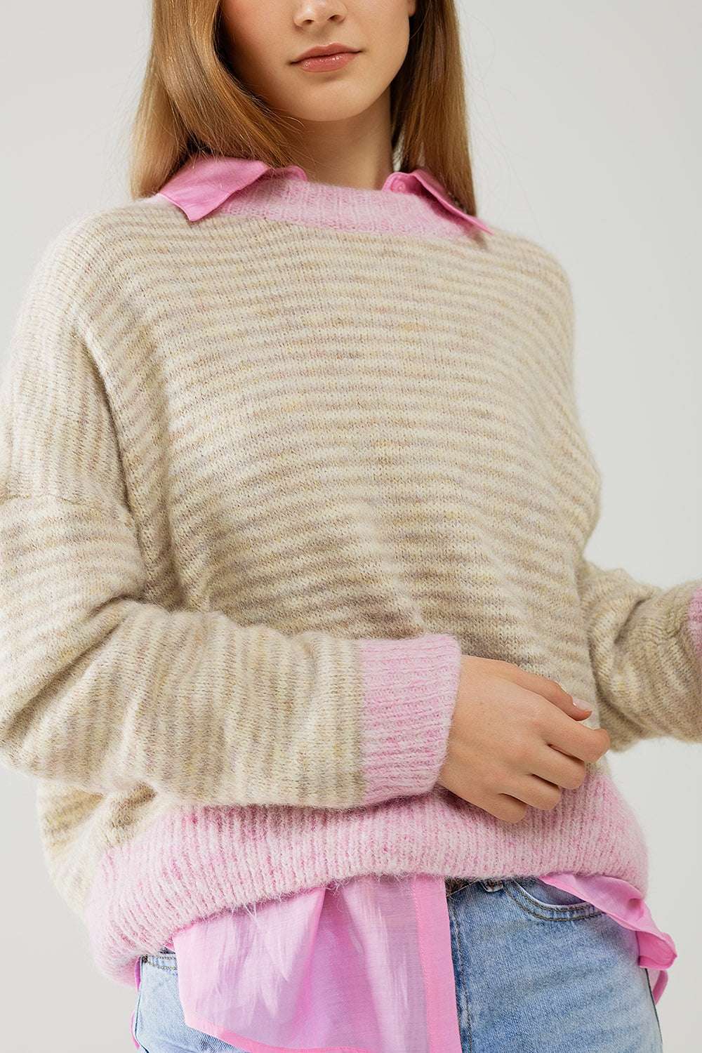 Relaxed Stripey Sweater in Beige With Pink Details