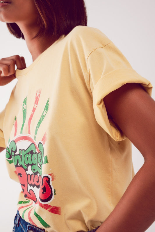 Relaxed t shirt with yellow Vintage Queens graphic print - T-Shirts