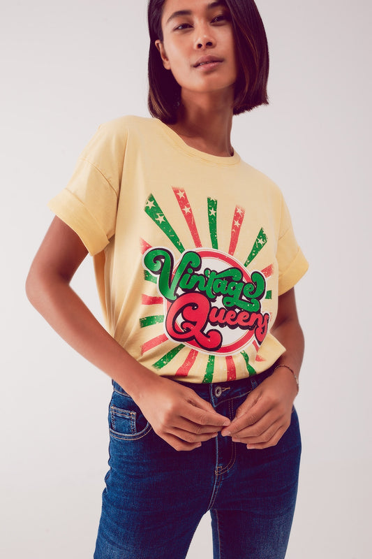 Relaxed t shirt with yellow Vintage Queens graphic print - T-Shirts