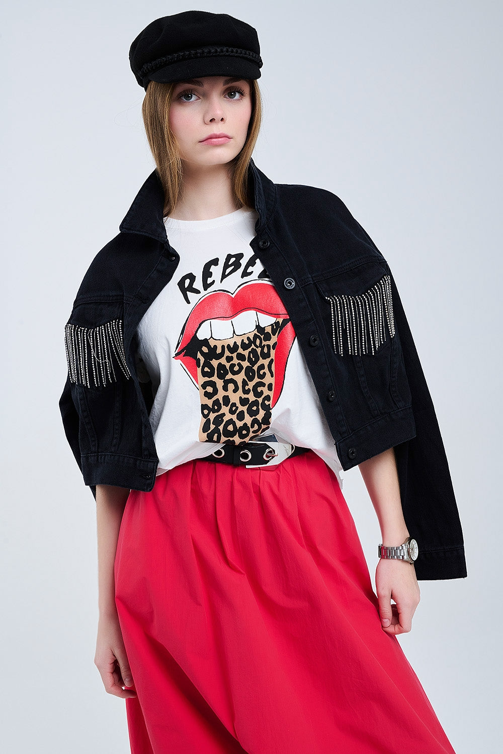 Relaxed White T-shirt With Rebel and Lips Graphic Print - T-Shirts