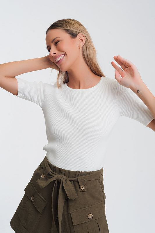 Rib knitted sweater with tie back in cream - Jumpers