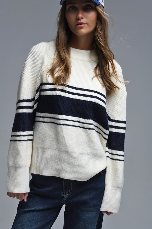 Ribbed Cream Sweater With Navy Chest Stripes - Sweaters