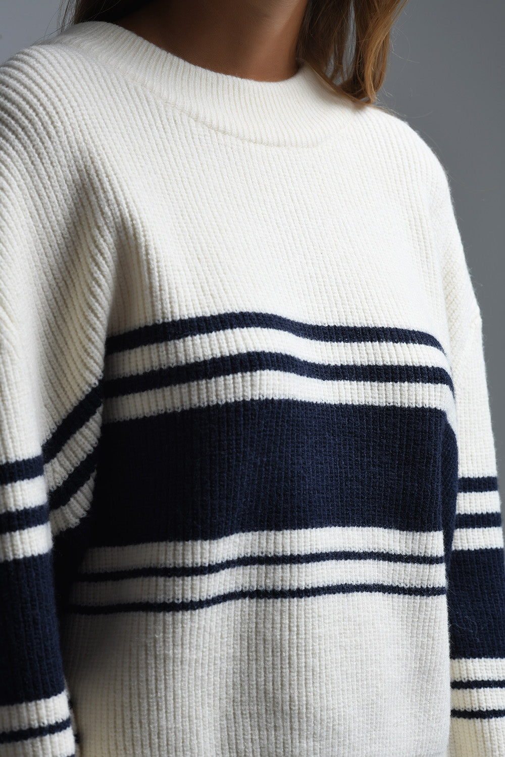Ribbed Cream Sweater With Navy Chest Stripes - Sweaters