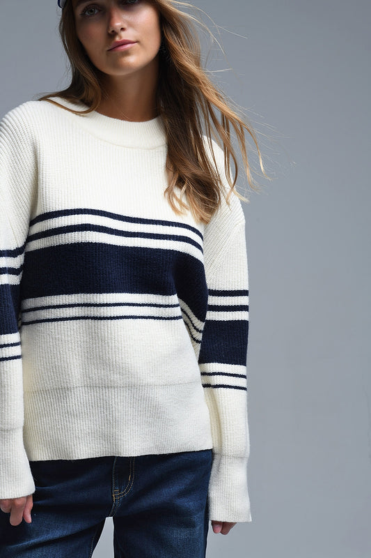 Ribbed Cream Sweater With Navy Chest Stripes - Sweaters