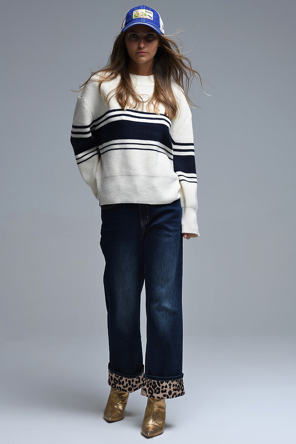 Ribbed Cream Sweater With Navy Chest Stripes - Sweaters