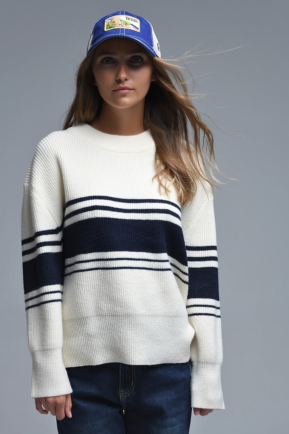 Ribbed Cream Sweater With Navy Chest Stripes - Sweaters