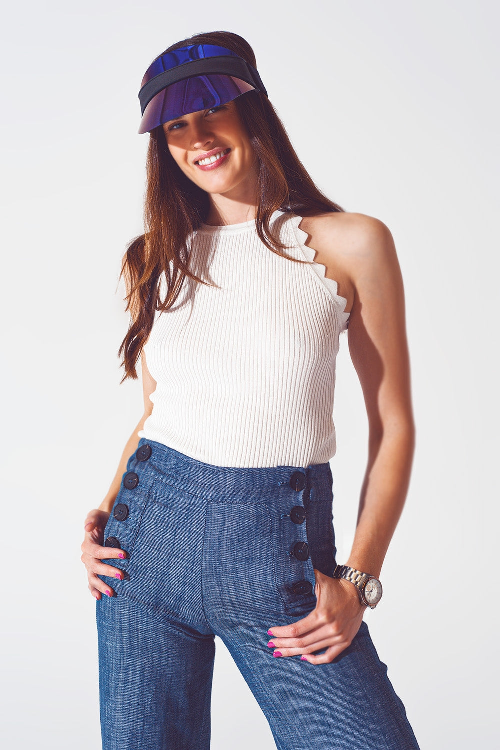 Ribbed Halter Top With Scalloped Finish in White - Tops