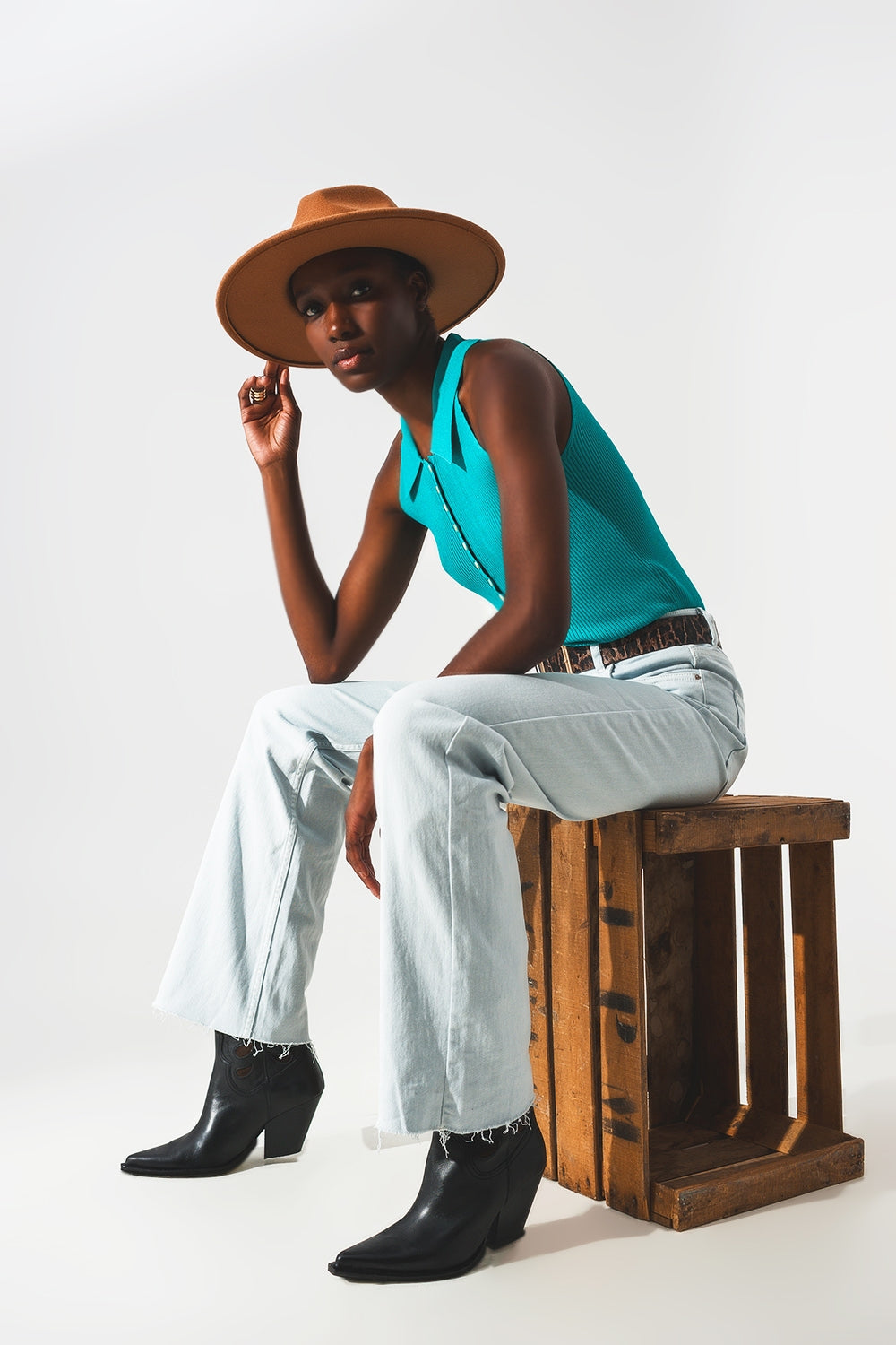 Ribbed knitted top with polo neck in turquoise Q2 Tops BoutiqueLua