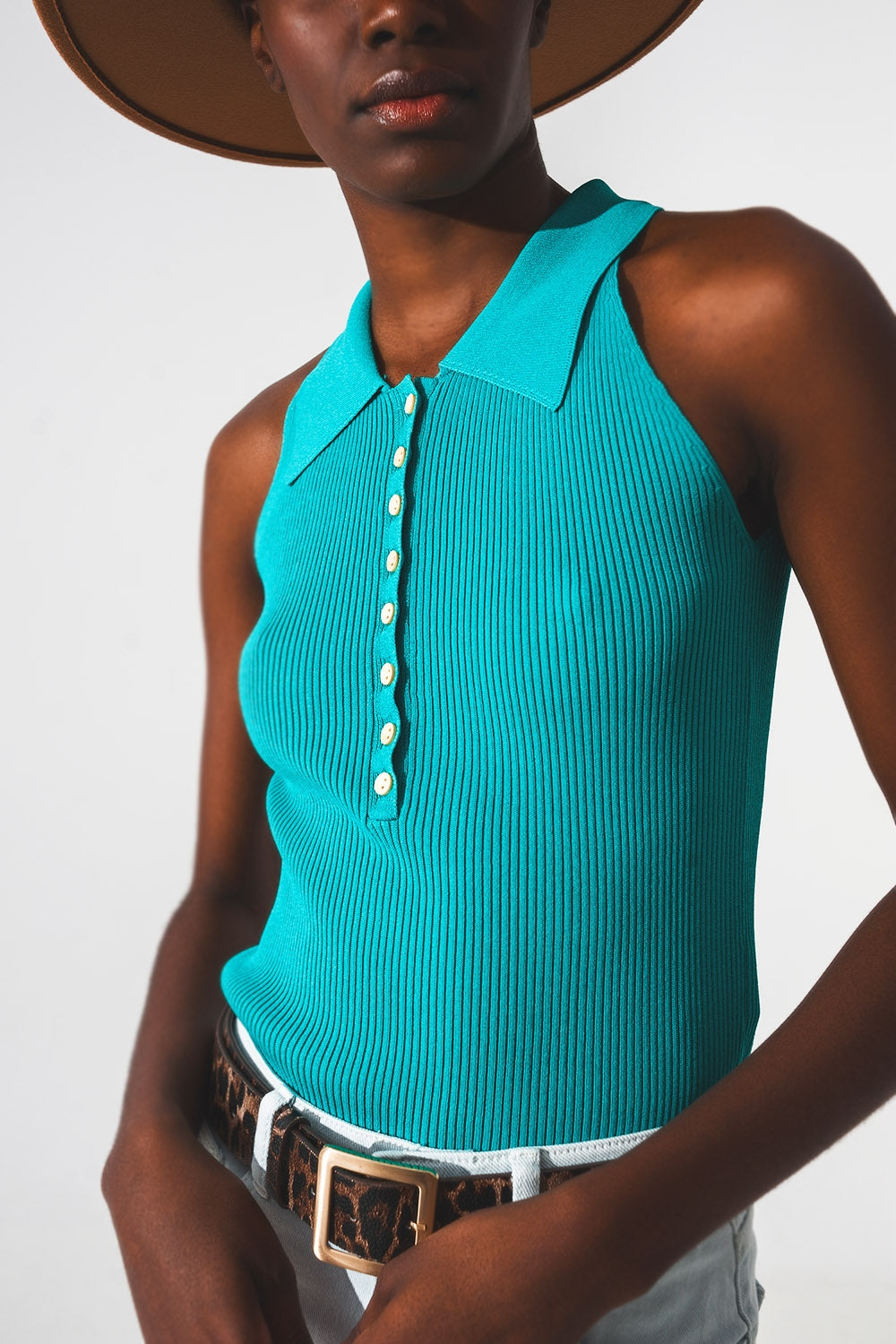 Ribbed knitted top with polo neck in turquoise Q2 Tops BoutiqueLua